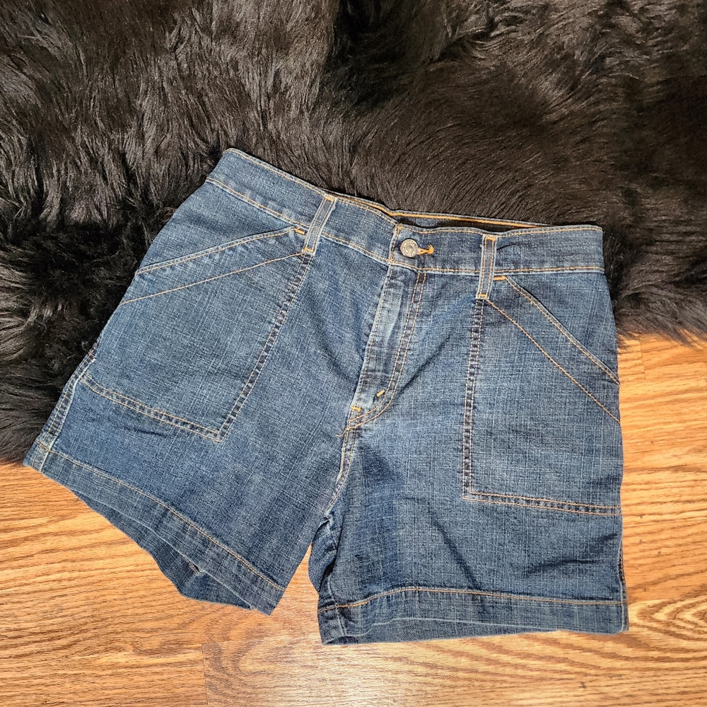 Vintage Levi's Blue Jean Camp Shorts 8 Misses Flap Pockets Denim High Rise 90's